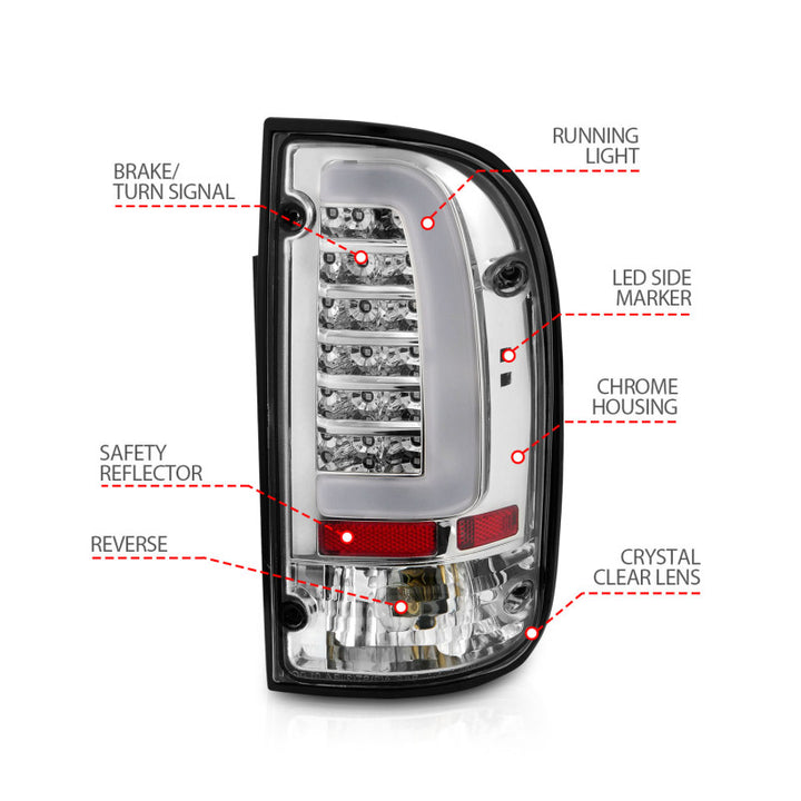 ANZO 95-00 Toyota Tacoma LED Taillights Chrome Housing Clear Lens (Pair) - Bull Strap