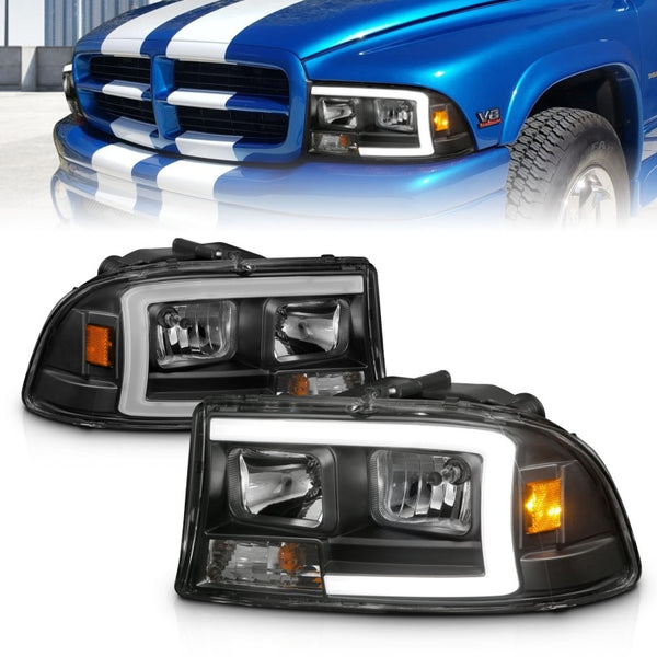 ANZO 97-04 Dodge Dakota/Durango Crystal headlight Set w/ Light Bar Black Housing - Bull Strap