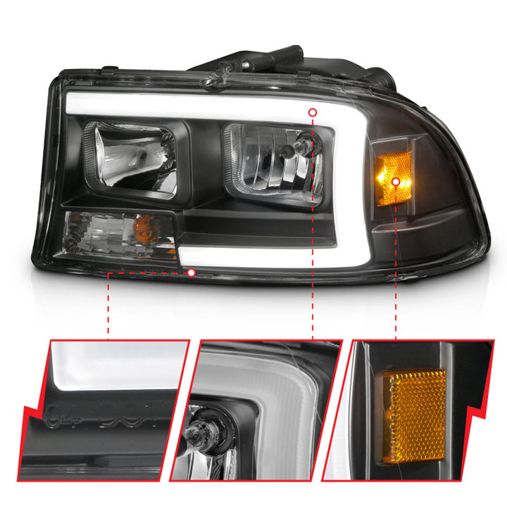 ANZO 97-04 Dodge Dakota/Durango Crystal headlight Set w/ Light Bar Black Housing - Bull Strap