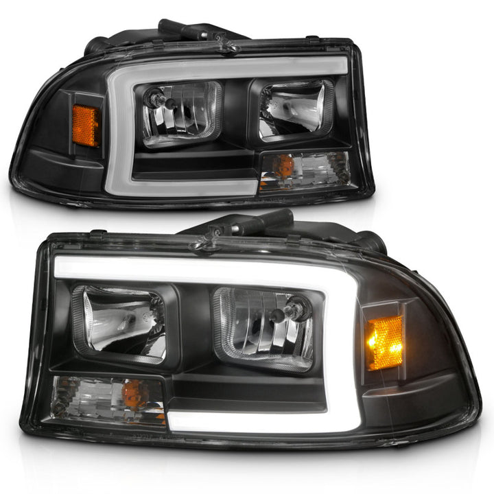 ANZO 97-04 Dodge Dakota/Durango Crystal headlight Set w/ Light Bar Black Housing - Bull Strap