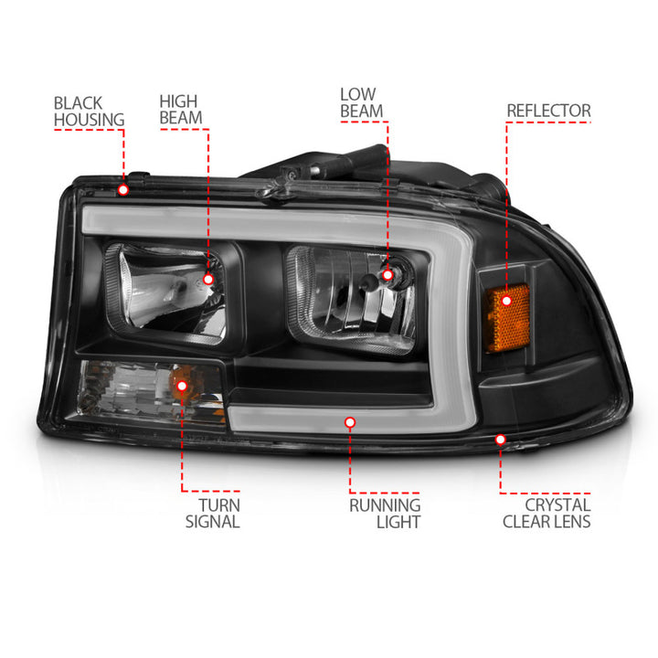 ANZO 97-04 Dodge Dakota/Durango Crystal headlight Set w/ Light Bar Black Housing - Bull Strap