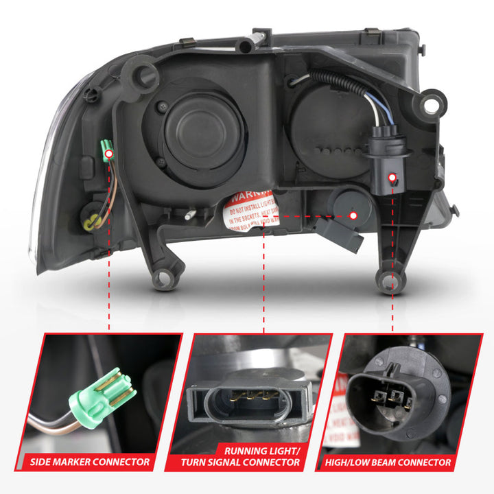 ANZO 97-04 Dodge Dakota/Durango Crystal headlight Set w/ Light Bar Black Housing - Bull Strap