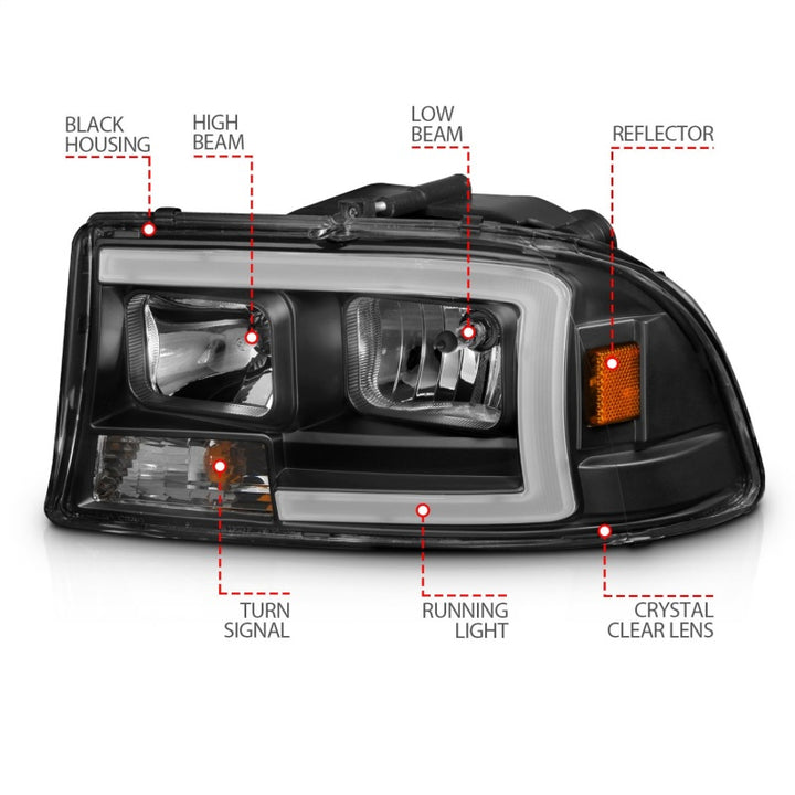 ANZO 97-04 Dodge Dakota/Durango Crystal headlight Set w/ Light Bar Black Housing - Bull Strap