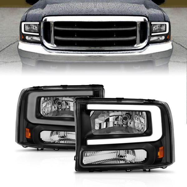 ANZO 99-04 Ford F250/F350/F450/Excursion (excl. 99) Crystal Headlights - w/ Light Bar Black Housing - Bull Strap