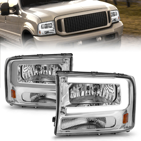 ANZO 99-04 Ford F250/F350/F450/Excursion (excl. 99) Crystal Headlights - w/ Light Bar Chrome Housing - Bull Strap