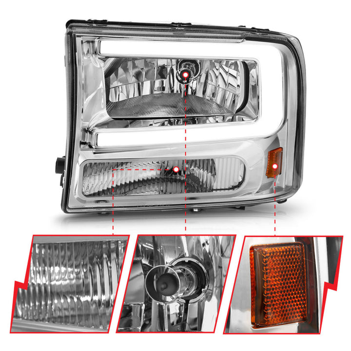 ANZO 99-04 Ford F250/F350/F450/Excursion (excl. 99) Crystal Headlights - w/ Light Bar Chrome Housing - Bull Strap