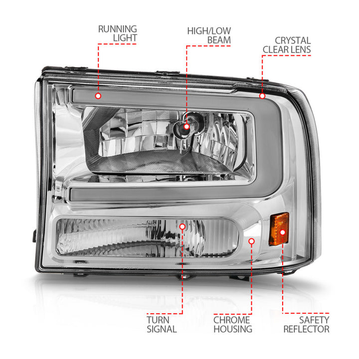 ANZO 99-04 Ford F250/F350/F450/Excursion (excl. 99) Crystal Headlights - w/ Light Bar Chrome Housing - Bull Strap