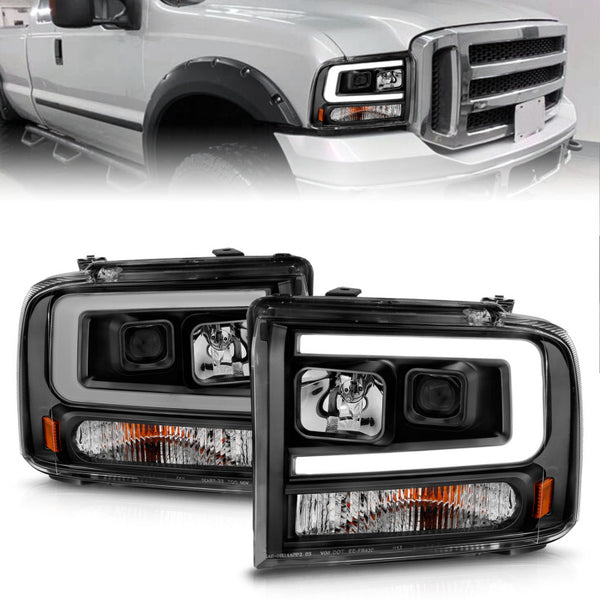 ANZO 99-04 Ford F250/F350/F450/Excursion (excl 99) Projector Headlights - w/ Light Bar Black Housing - Bull Strap