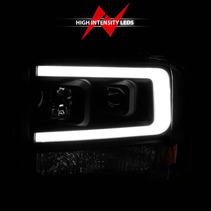 ANZO 99-04 Ford F250/F350/F450/Excursion (excl 99) Projector Headlights - w/ Light Bar Black Housing - Bull Strap