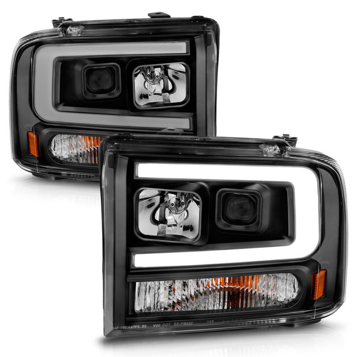 ANZO 99-04 Ford F250/F350/F450/Excursion (excl 99) Projector Headlights - w/ Light Bar Black Housing - Bull Strap