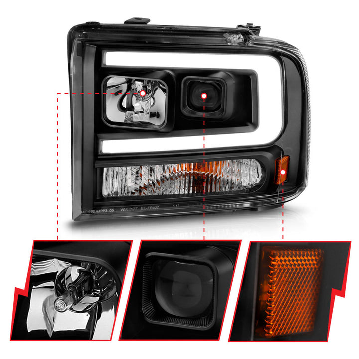 ANZO 99-04 Ford F250/F350/F450/Excursion (excl 99) Projector Headlights - w/ Light Bar Black Housing - Bull Strap