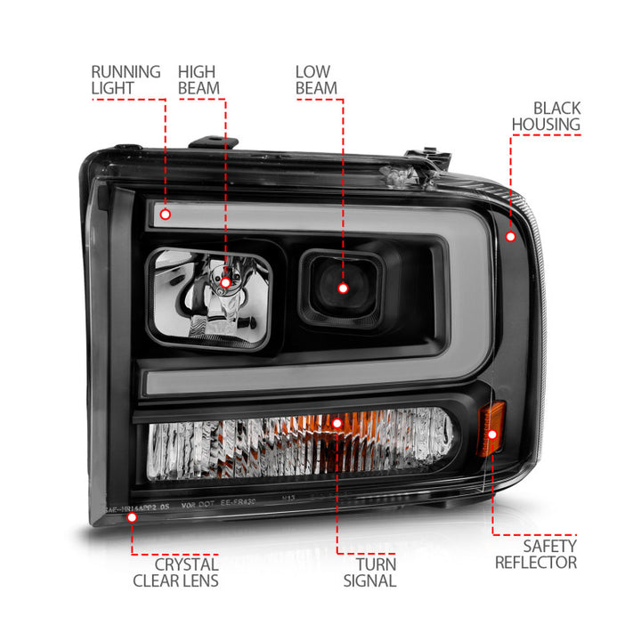 ANZO 99-04 Ford F250/F350/F450/Excursion (excl 99) Projector Headlights - w/ Light Bar Black Housing - Bull Strap