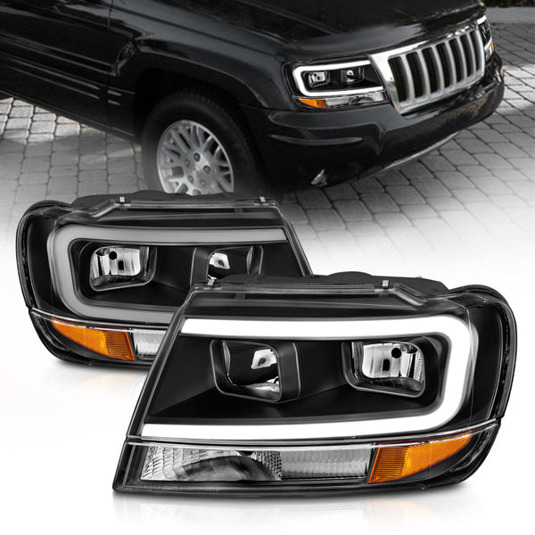 ANZO 99-04 Jeep Grand Cherokee Crystal Headlights - w/ Light Bar Black Housing - Bull Strap
