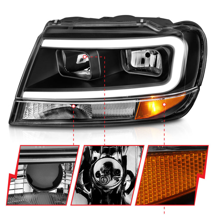 ANZO 99-04 Jeep Grand Cherokee Crystal Headlights - w/ Light Bar Black Housing - Bull Strap