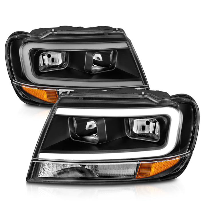 ANZO 99-04 Jeep Grand Cherokee Crystal Headlights - w/ Light Bar Black Housing - Bull Strap
