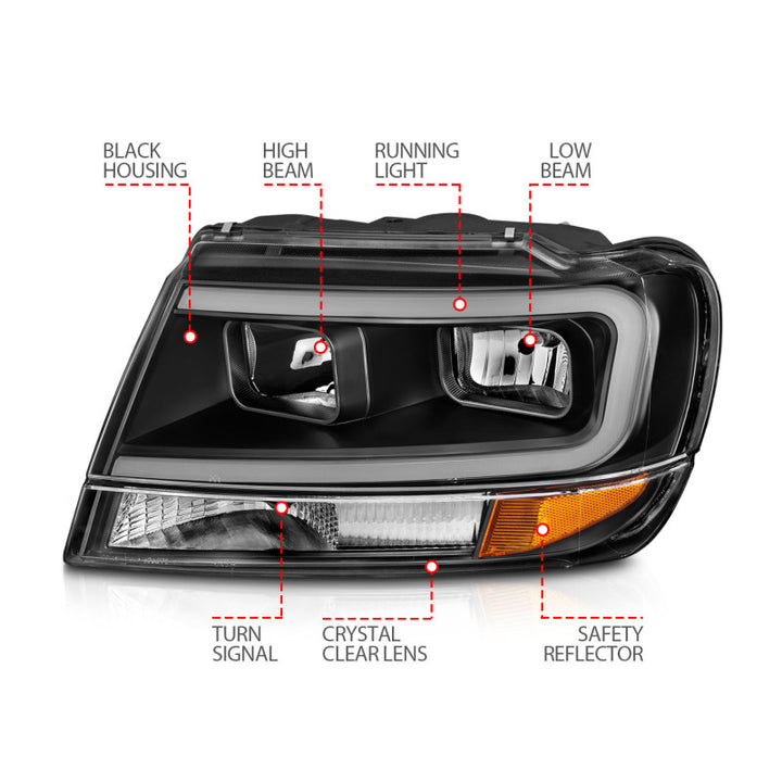 ANZO 99-04 Jeep Grand Cherokee Crystal Headlights - w/ Light Bar Black Housing - Bull Strap