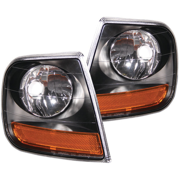 ANZO Corner Lights 1997-2003 Ford F-150 HARLEY DAVIDSON Style Corner Lights Black w/ Amber Reflector - Bull Strap