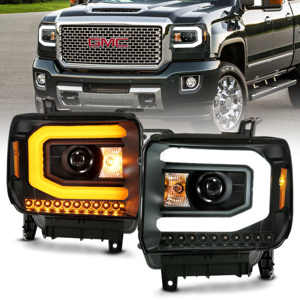 ANZO GMC SIERRA 1500 14-15 2500H/15-19 Projector Headlight Plank Style Black w/ Switchback (Halogen) - Bull Strap