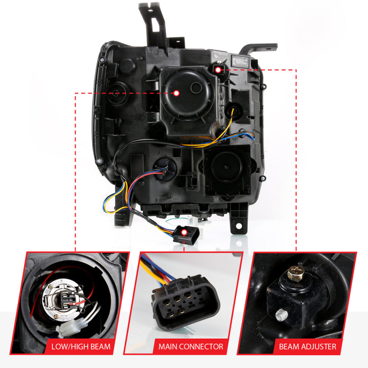 ANZO GMC SIERRA 1500 14-15 2500H/15-19 Projector Headlight Plank Style Black w/ Switchback (Halogen) - Bull Strap