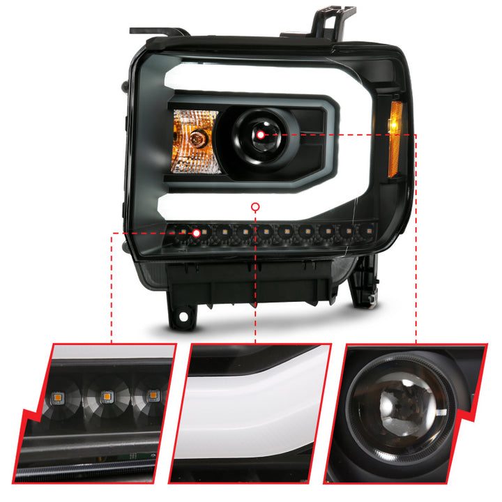 ANZO GMC SIERRA 1500 14-15 2500H/15-19 Projector Headlight Plank Style Black w/ Switchback (Halogen) - Bull Strap