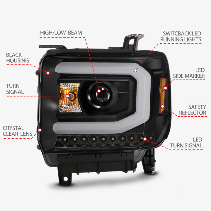 ANZO GMC SIERRA 1500 14-15 2500H/15-19 Projector Headlight Plank Style Black w/ Switchback (Halogen) - Bull Strap