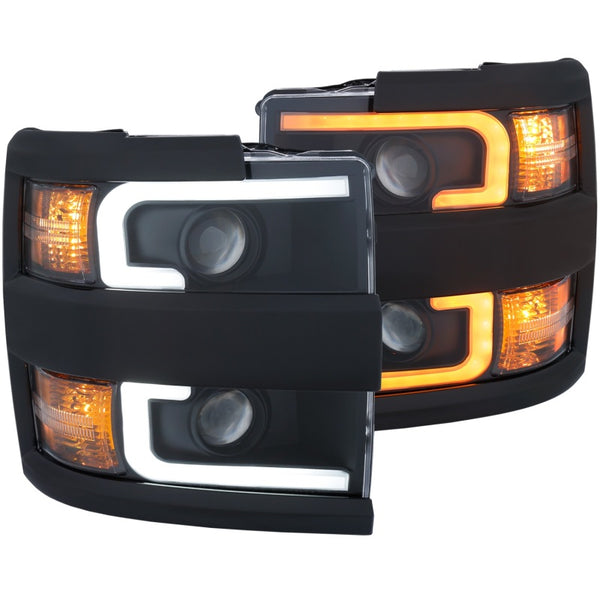 ANZO Projector Headlights 15-17 Chevrolet Silverado 2500HD / 3500HD Black w/ Black Rim - Bull Strap