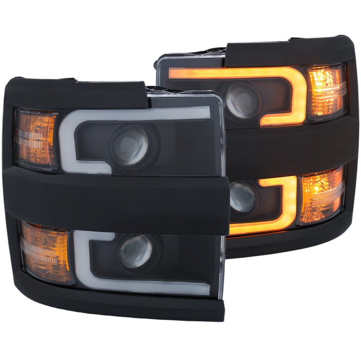 ANZO Projector Headlights 15-17 Chevrolet Silverado 2500HD / 3500HD Black w/ Black Rim - Bull Strap