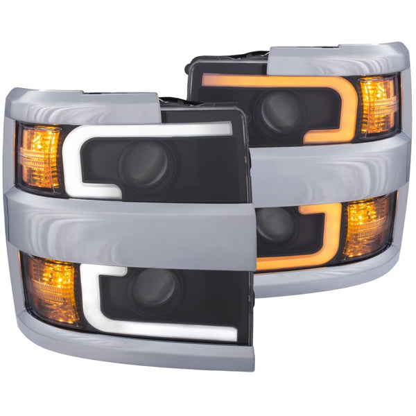 ANZO Projector Headlights 15-17 Chevrolet Silverado 2500HD / 3500HD Black w/ Chrome Rim - Bull Strap