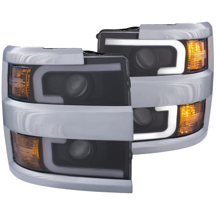 ANZO Projector Headlights 15-17 Chevrolet Silverado 2500HD / 3500HD Black w/ Chrome Rim - Bull Strap