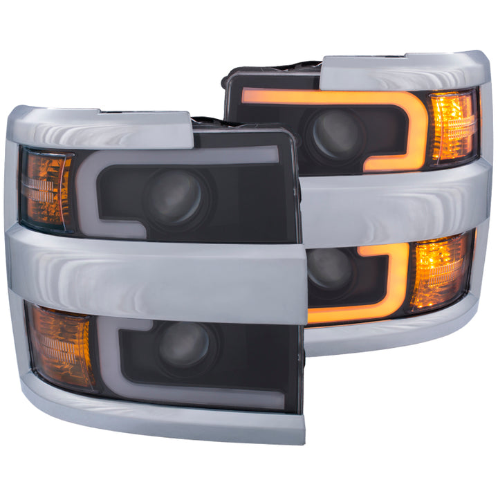 ANZO Projector Headlights 15-17 Chevrolet Silverado 2500HD / 3500HD Black w/ Chrome Rim - Bull Strap