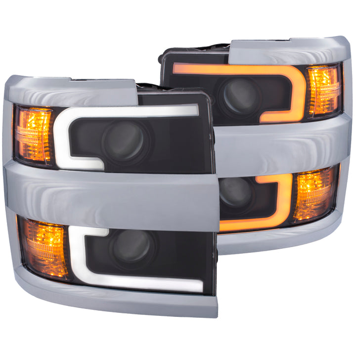 ANZO Projector Headlights 15-17 Chevrolet Silverado 2500HD / 3500HD Black w/ Chrome Rim - Bull Strap