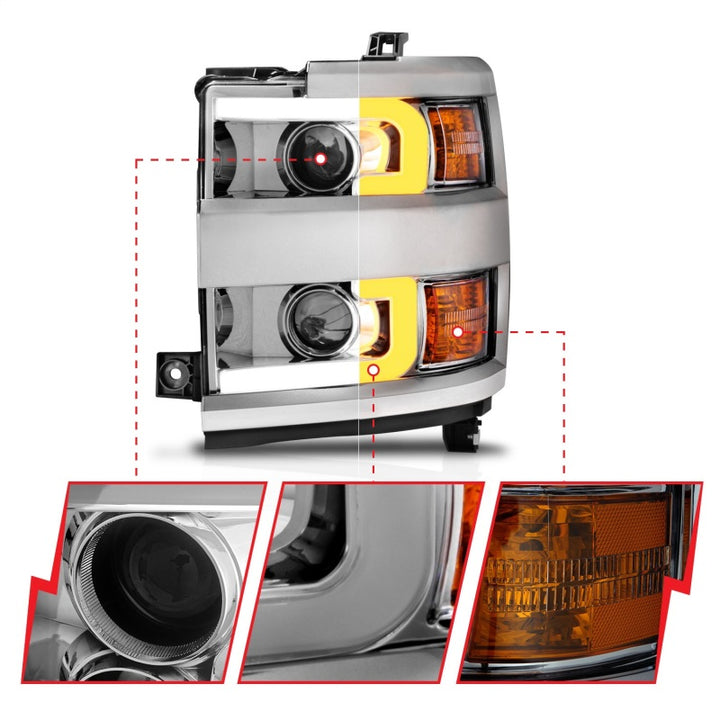 ANZO Projector Headlights 15-17 Chevrolet Silverado 2500HD / 3500HD Chrome w/ Chrome Rim - Bull Strap