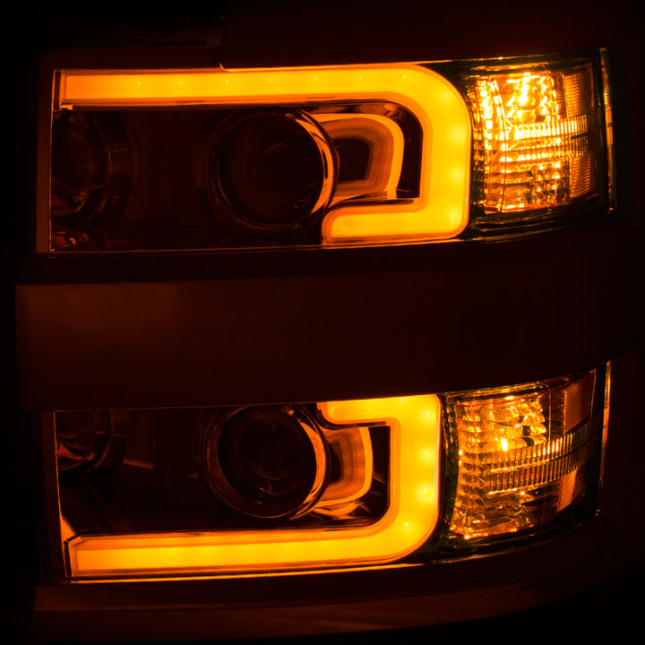 ANZO Projector Headlights 15-17 Chevrolet Silverado 2500HD / 3500HD Chrome w/ Chrome Rim - Bull Strap