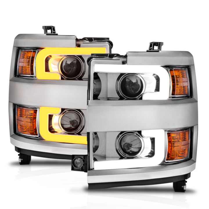 ANZO Projector Headlights 15-17 Chevrolet Silverado 2500HD / 3500HD Chrome w/ Chrome Rim - Bull Strap