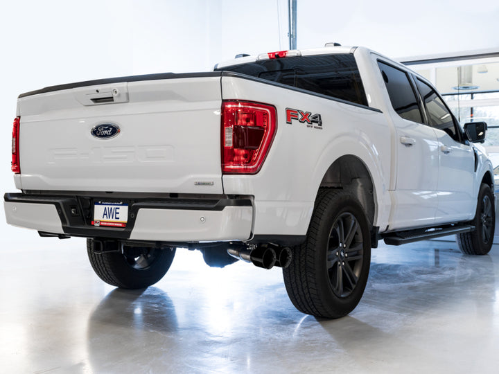 AWE 21+ Ford F150 Dual Side Exit Cat-Back Exhaust - 4.5in Diamond Black Tips *For Stock Y-Pipe Only - Bull Strap