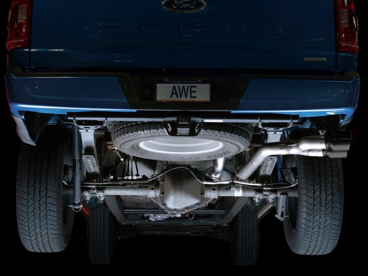 AWE 21+ Ford F150 Dual Side Exit Cat-Back Exhaust - 4.5in Diamond Black Tips *For Stock Y-Pipe Only - Bull Strap