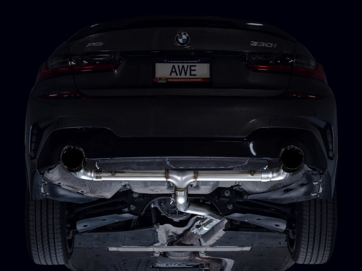 AWE 19-23 BMW 330i / 21-23 BMW 430i Base G2X Track Edition Axle Back Exhaust - Diamond Black - Bull Strap