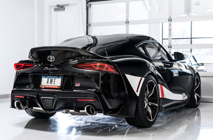 AWE 2020 Toyota Supra A90 Non-Resonated Touring Edition Exhaust - 5in Chrome Silver Tips - Bull Strap