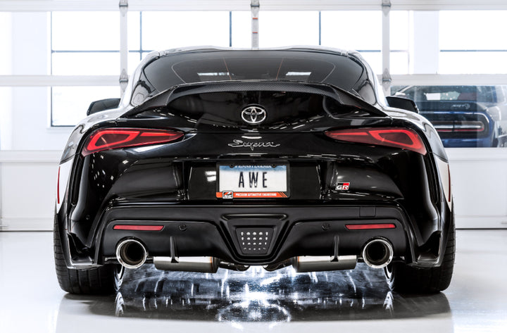 AWE 2020 Toyota Supra A90 Non-Resonated Touring Edition Exhaust - 5in Diamond Black Tips - Bull Strap