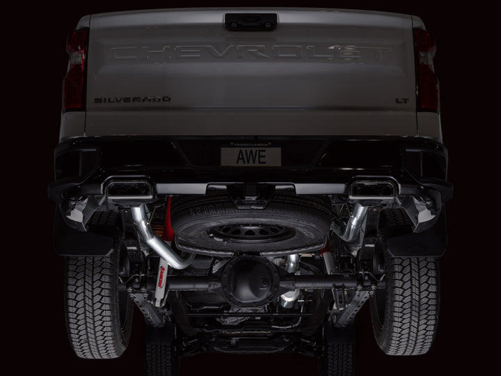AWE 4th Gen GM 1500 6.2L Catback Split Rear Exit (w/ Bumper Cutouts) - OE Tips - Bull Strap