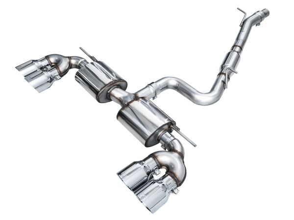 AWE MK8 Volkswagen Golf R 3in Touring Edition Quad Exhaust - Chrome Silver Tips - Bull Strap