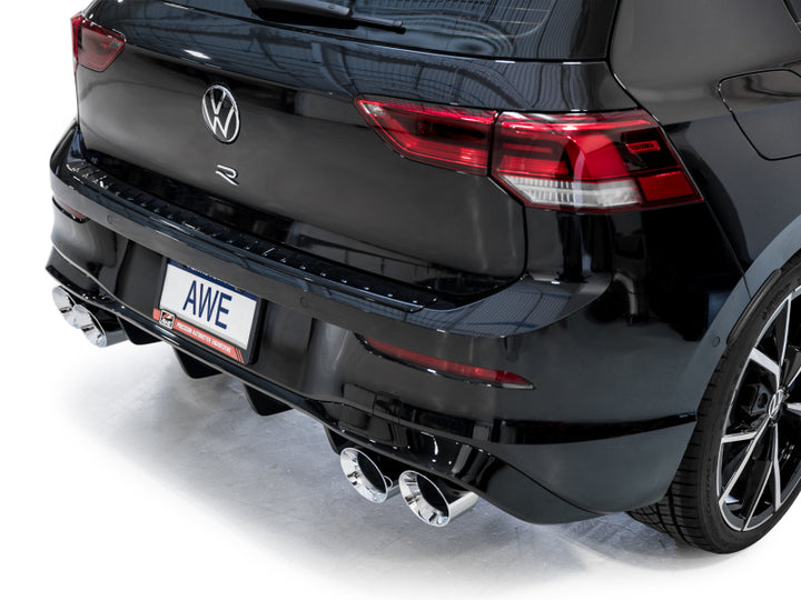 AWE MK8 Volkswagen Golf R 3in Touring Edition Quad Exhaust - Chrome Silver Tips - Bull Strap