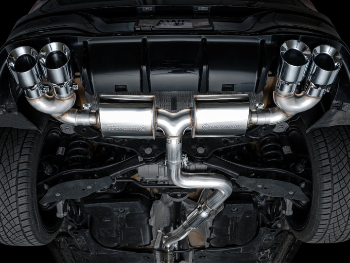 AWE MK8 Volkswagen Golf R 3in Touring Edition Quad Exhaust - Chrome Silver Tips - Bull Strap