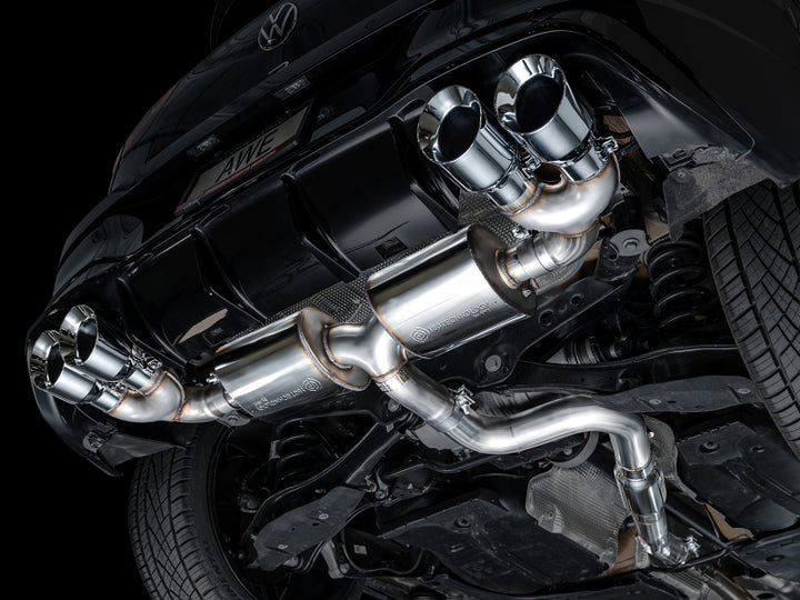 AWE MK8 Volkswagen Golf R 3in Touring Edition Quad Exhaust - Chrome Silver Tips - Bull Strap