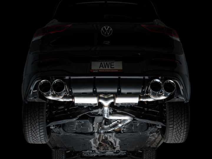 AWE MK8 Volkswagen Golf R 3in Touring Edition Quad Exhaust - Chrome Silver Tips - Bull Strap