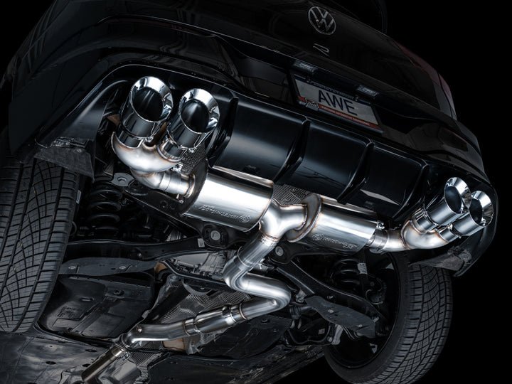 AWE MK8 Volkswagen Golf R 3in Touring Edition Quad Exhaust - Chrome Silver Tips - Bull Strap