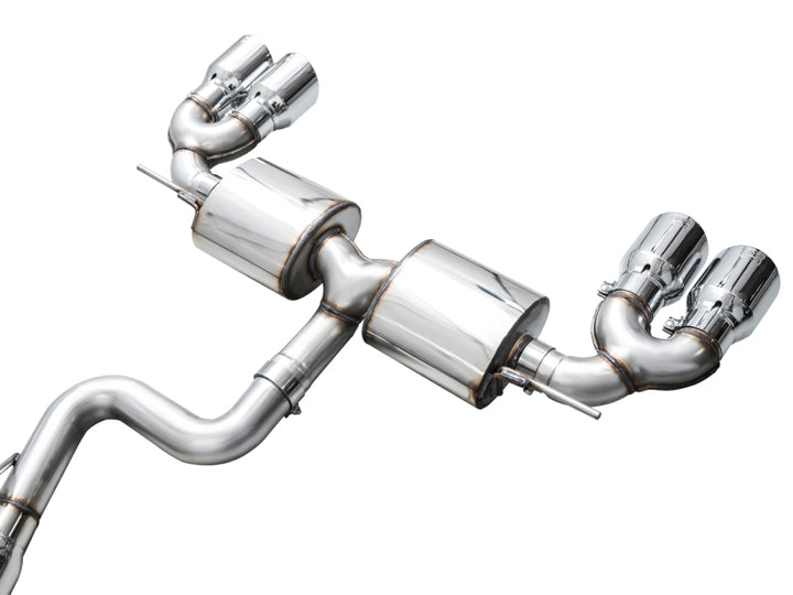 AWE MK8 Volkswagen Golf R 3in Touring Edition Quad Exhaust - Chrome Silver Tips - Bull Strap