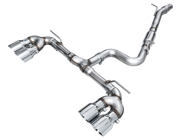 AWE MK8 Volkswagen Golf R 3in Track Edition Quad Exhaust - Chrome Silver Tips - Bull Strap