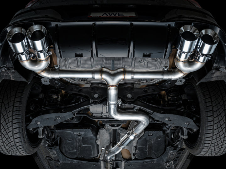 AWE MK8 Volkswagen Golf R 3in Track Edition Quad Exhaust - Chrome Silver Tips - Bull Strap