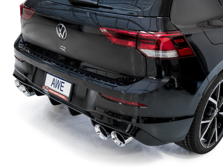 AWE MK8 Volkswagen Golf R 3in Track Edition Quad Exhaust - Chrome Silver Tips - Bull Strap